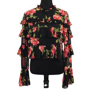 Forever 21 Contemporary Women's Cropped Sheer Top Floral Long Sleeves Ruffles L